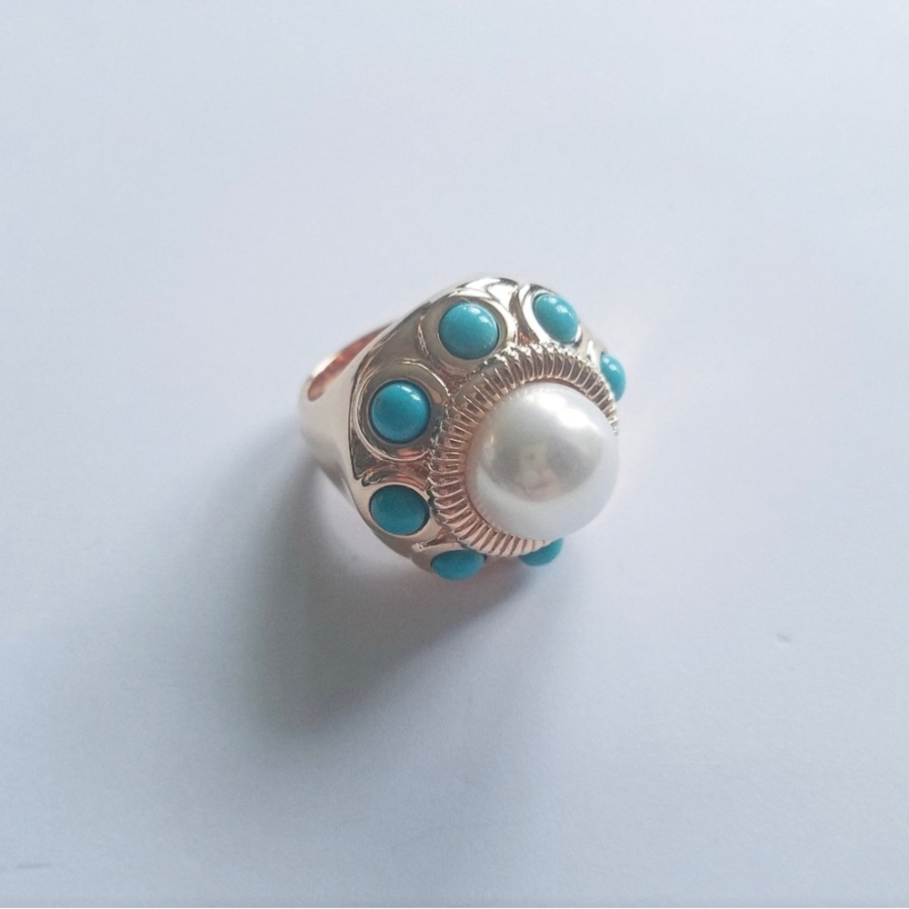 Honora signed bronze cultured pearl turquoise ring